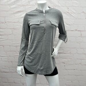 Bulotus Women's Gray Zip Front V-Neck Roll Tab Sleeve Tunic Casual Top Size M